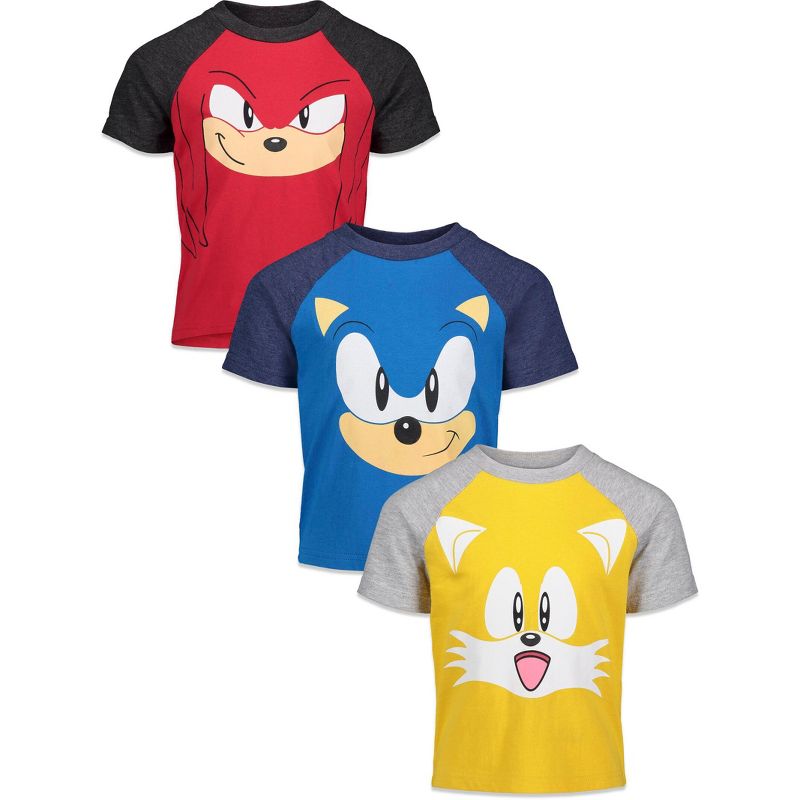 مجموعة SEGA Sonic The Hedgehog Knuckles Tails من 3 قمصان جرافيكية باللون الأحمر/الأزرق/الأصفر للأطفال الصغار والكبار