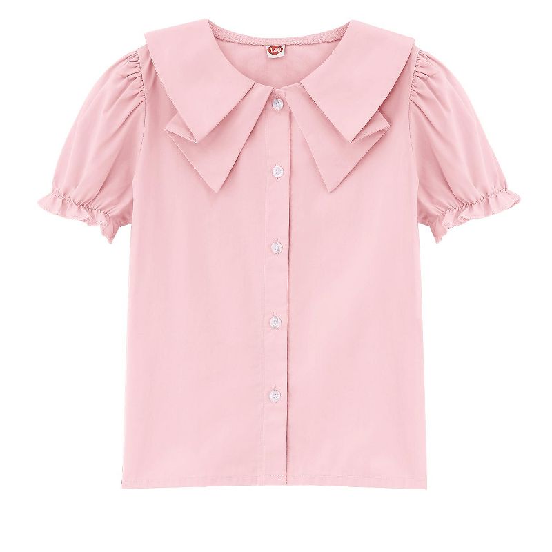 Girls Short Sleeve Peter Pan Blouse Puff Sleeve Button Down Shirt School Uniform Blouse 3-12 Years