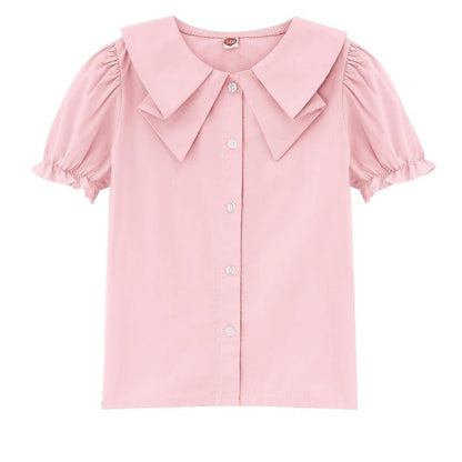 Girls Short Sleeve Peter Pan Blouse Puff Sleeve Button Down Shirt School Uniform Blouse 3-12 Years