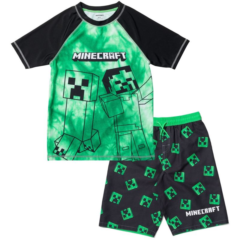 Minecraft Zombie Creeper Alex Steve Rash Guard and Swim Trunks Outfit Set Little Kid to Big Kid