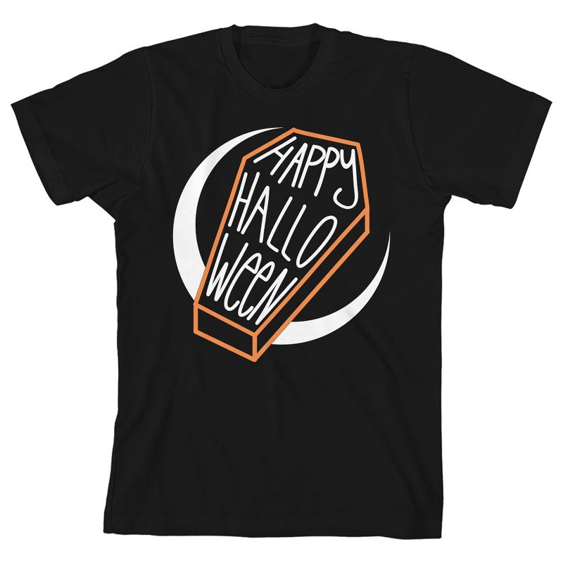 Kids Halloween Coffin on Crescent Moon Youth Black Short Sleeve Crew Neck Tee