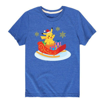 تي شيرت جرافيكي بأكمام قصيرة للأولاد - بوكيمون - بيكاتشو، مزلقة سانتا كلوز مع هدايا عيد الميلاد