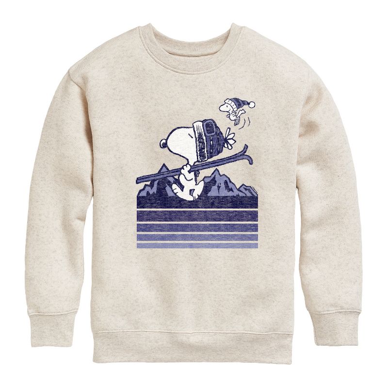 Boys' - Peanuts - Snoopy Woodstock Ski Stripes Graphic Long Sleeve Fleece Sweatshirt