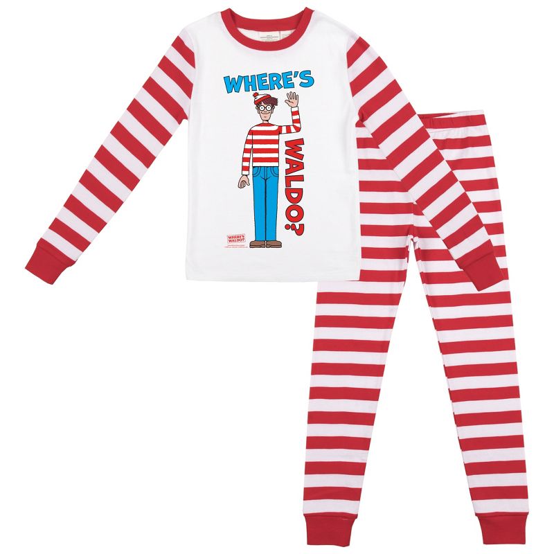 طقم قميص بأكمام طويلة وبنطلون نوم مخطط باللونين الأحمر والأبيض للأولاد من Where's Waldo Character Pose
