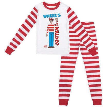 طقم قميص بأكمام طويلة وبنطلون نوم مخطط باللونين الأحمر والأبيض للأولاد من Where's Waldo Character Pose