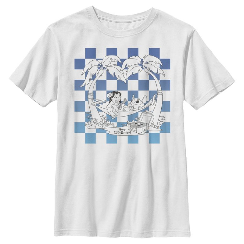 Boy's Lilo & Stitch Blue Checkered Palm Trees T-Shirt