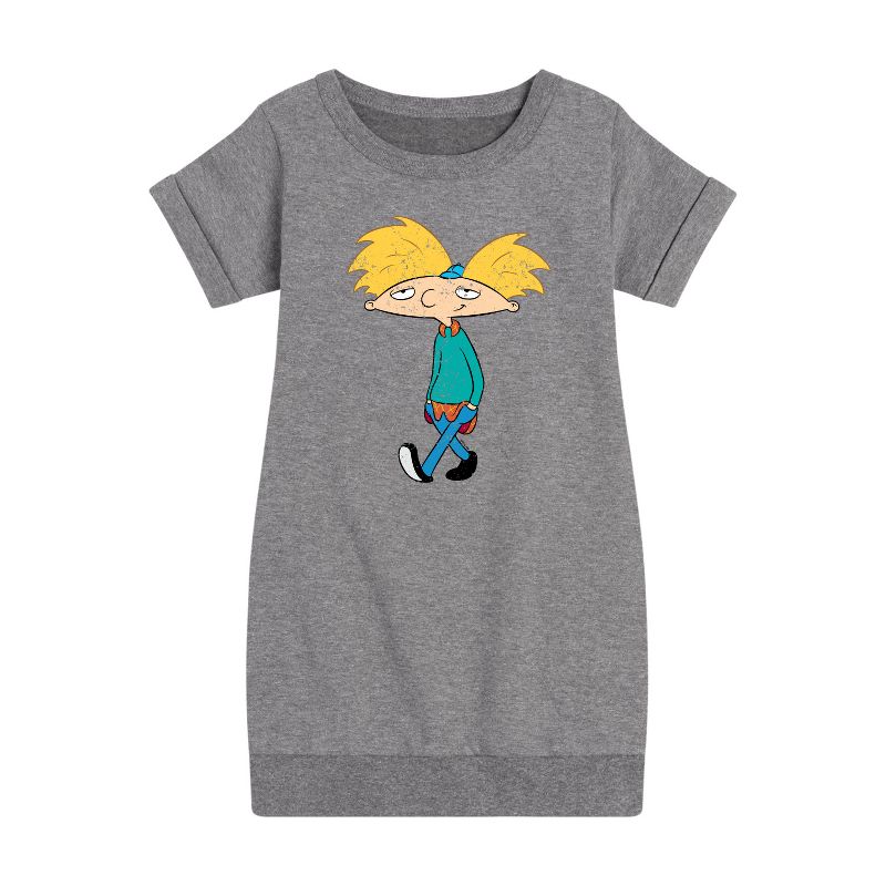 Girls' - Hey Arnold! - Distressed Arnold Graphic Short Sleeve Fleece Dress