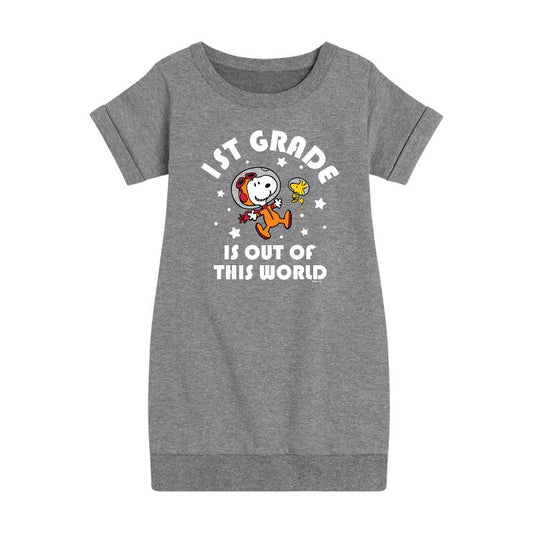 Girls' - Peanuts - 1st Grade Is Out Of This World Graphic Short Sleeve Fleece Dress