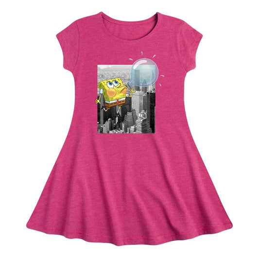 Girls' - SpongeBob SquarePants - Sky High Blowing Bubbles Fit & Flair Cap Sleeve Dress