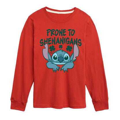 Boys' - Lilo and Stitch - St. Patrick's Day Prone To Shenanigans Long Sleeve Graphic T-Shirt