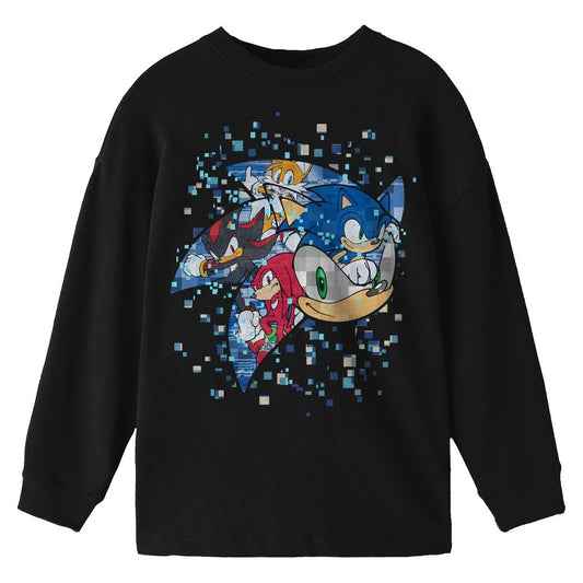 Sonic The Hedgehog Modern Snowy Character Collage Crew Neck Long Sleeve Boys' Black Tee