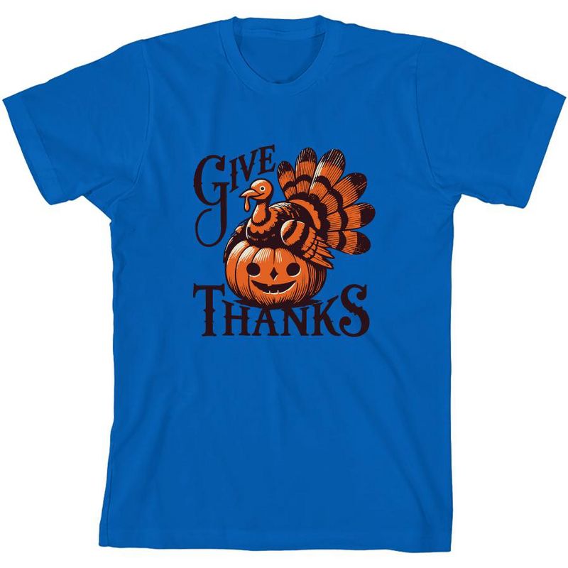 تي شيرت شبابي برقبة دائرية وأكمام قصيرة مطبوع عليه عبارة Give Thanks Turkey &amp; Pumpkin