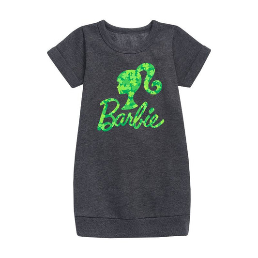 Girls' - Barbie - Logo Shamrock Pattern Graphic Short Sleeve Fleece Dress