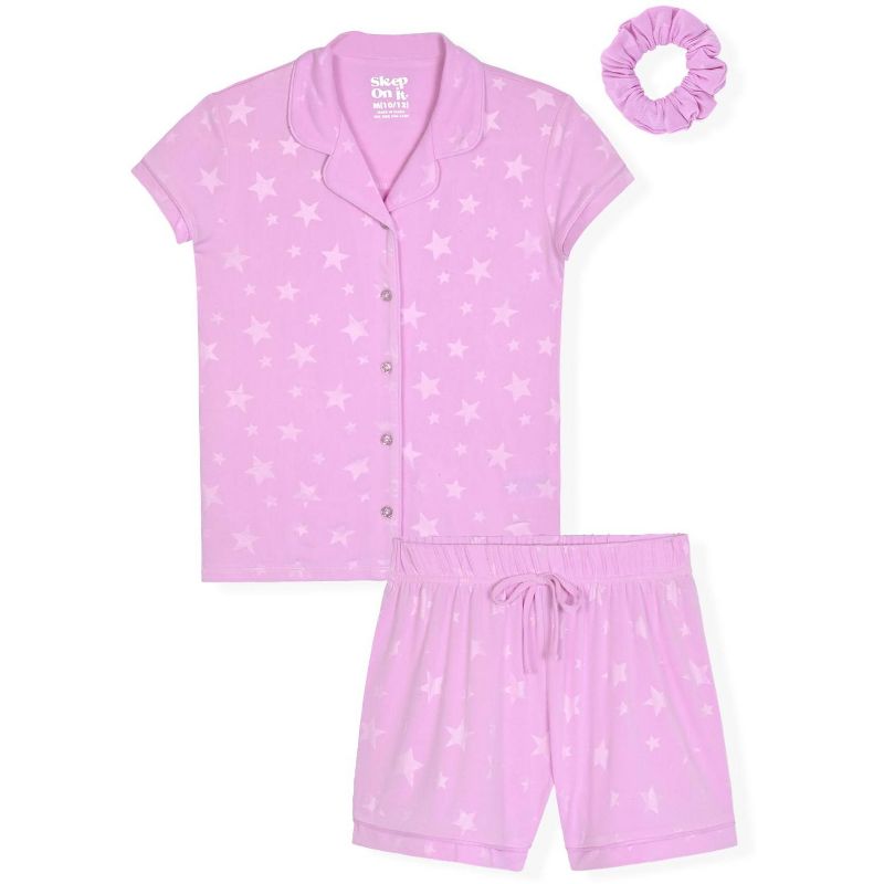 Sleep On It Girls 2-Piece Short-Sleeve Button Down Collared Coat Pajama Set with Matching Scrunchie - Toddler Pajamas to Girls Pajama Sets