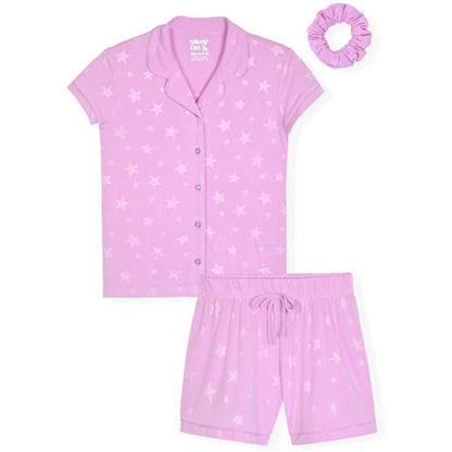 Sleep On It Girls 2-Piece Short-Sleeve Button Down Collared Coat Pajama Set with Matching Scrunchie - Toddler Pajamas to Girls Pajama Sets