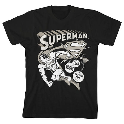 Superman Core White Monochrome Character Art Boy's Black T-Shirt