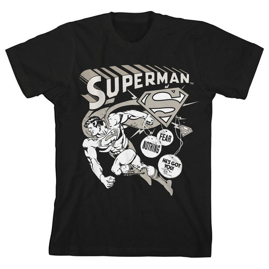 Superman Core White Monochrome Character Art Boy's Black T-Shirt