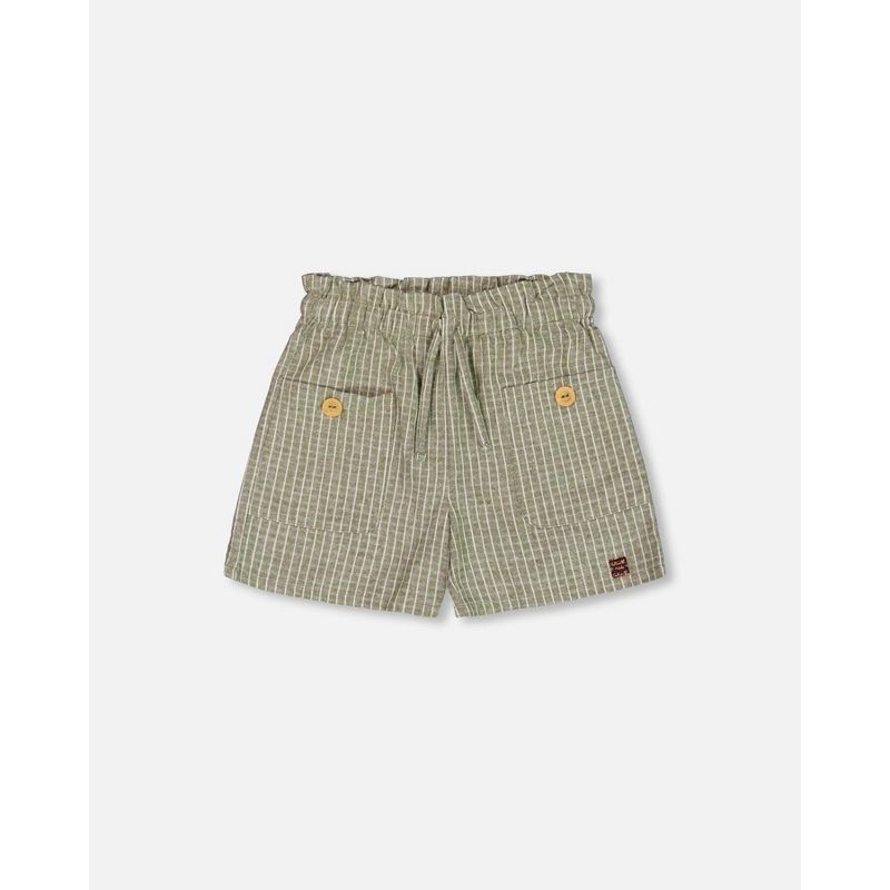 Deux par Deux Girl Linen Short with Pockets Medium Green and Cream Stripes