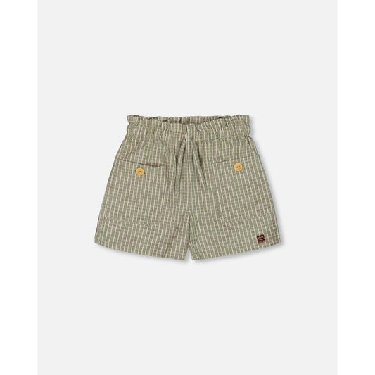 Deux par Deux Girl Linen Short with Pockets Medium Green and Cream Stripes