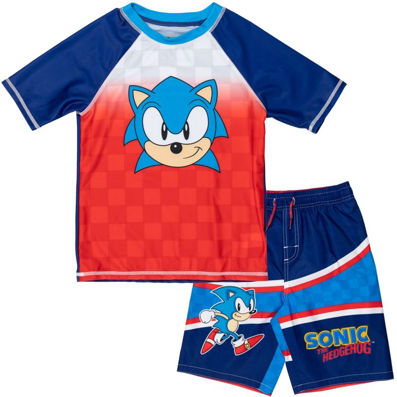 SEGA Sonic the Hedgehog Pullover Rash Guard and Swim Trunks Outfit Set Little Kid to Big Kid