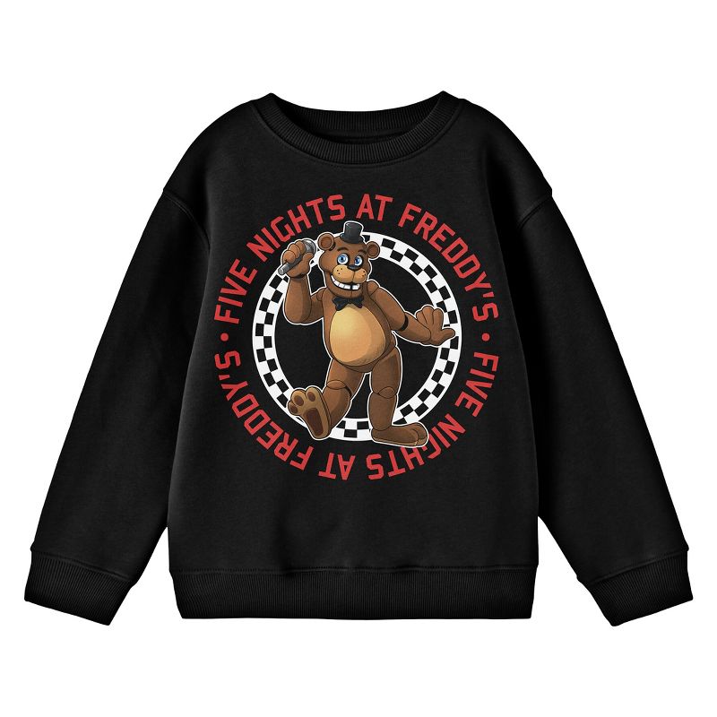Five Nights At Freddy's Freddy In Checkered Circle Crew Neck Long Sleeve Youth Black Sweatshirt