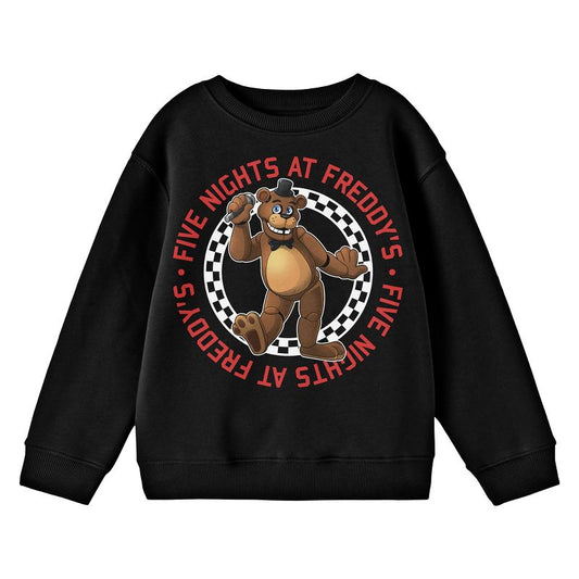 Five Nights At Freddy's Freddy In Checkered Circle Crew Neck Long Sleeve Youth Black Sweatshirt