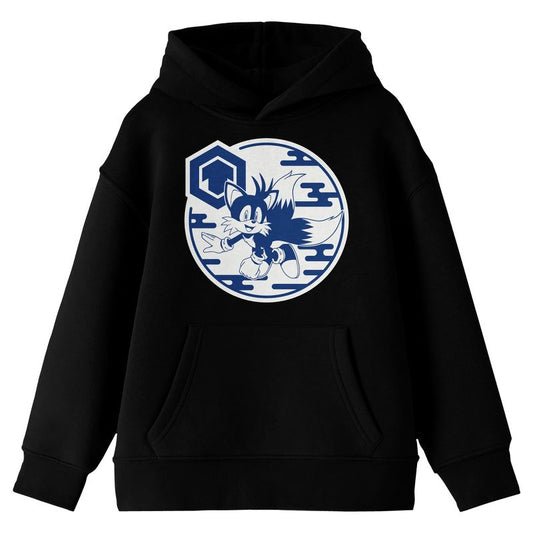 Sonic The Hedgehog Modern Tails Hexagon Graphic Long Sleeve Youth Black Hooded Sweatshirt