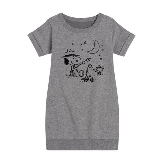 Girls' - Peanuts - Snoopy Camping Graphic Short Sleeve Fleece Dress