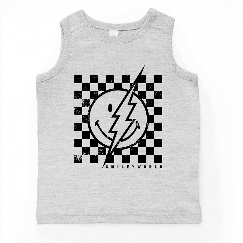 بلوزة شبابية بدون أكمام من مجموعة The Juniper Shop SmileyWorld Checkered Lightning Distressed Youth Tank Top