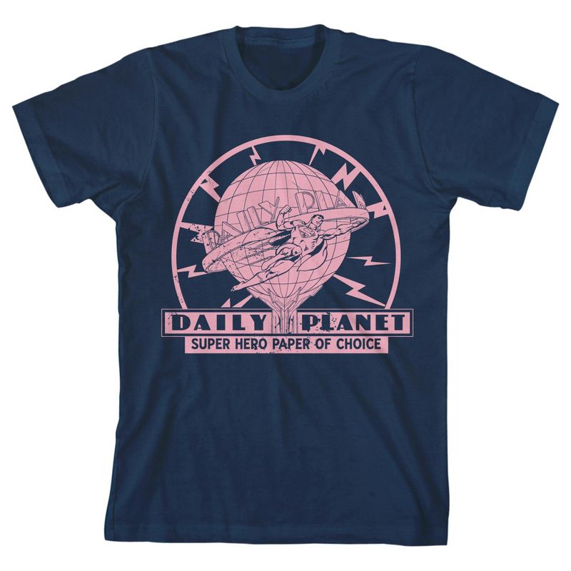 Superman Daily Planet Distressed Logo Youth Navy Blue Crew Neck Short Sleeve Tee