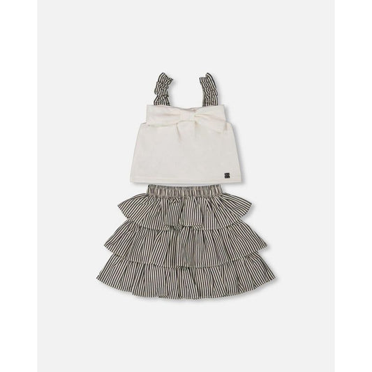 Deux par Deux Girl Bow Top and Ruffled Skirt Set White and Black Striped