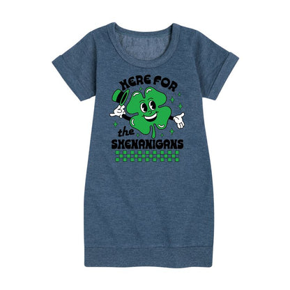 Girls' - Instant Message - St. Patrick's Day Here For The Shenanigans Graphic Short Sleeve Fleece Dress