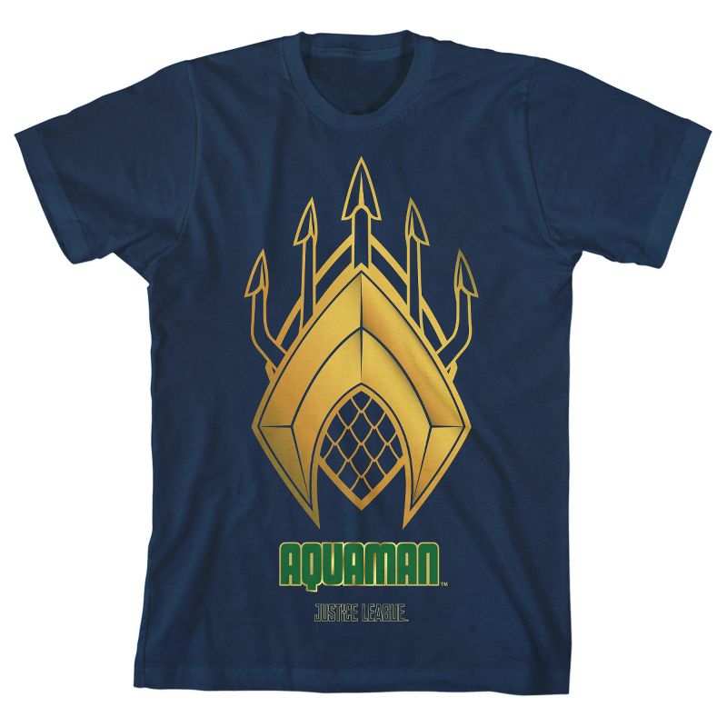 Justice League Movie Aquaman Logo and Trident Boy's Navy T-shirt
