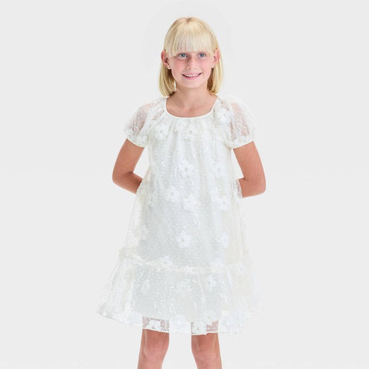 Zenzi Girls' Short Puff Sleeve A-Line Dress - Cream