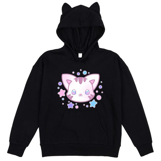 Kawaii Cat Youth Black Long Sleeve Hooded Sweatshirt With 3D Ears