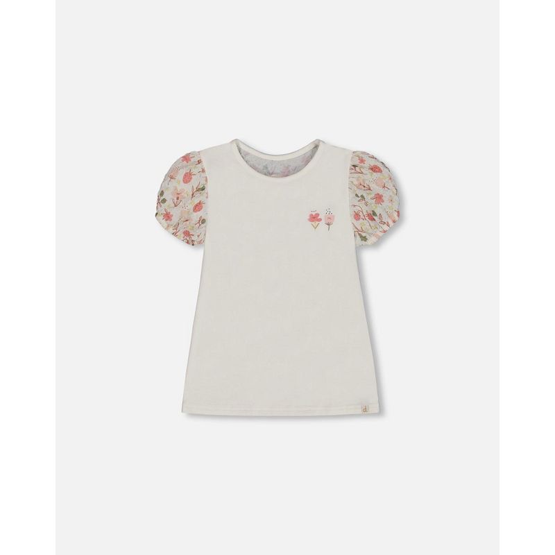 Deux par Deux Girl Bi-Material Organic Cotton Top with Puff Sleeve Pink Flowers on Cream Background