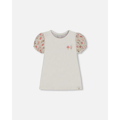 Deux par Deux Girl Bi-Material Organic Cotton Top with Puff Sleeve Pink Flowers on Cream Background