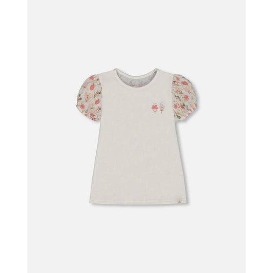 Deux par Deux Girl Bi-Material Organic Cotton Top with Puff Sleeve Pink Flowers on Cream Background
