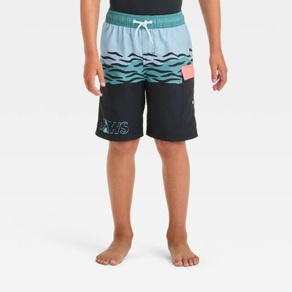 Boys' JAWS Printed Swim Shorts - Black/Turquoise Blue