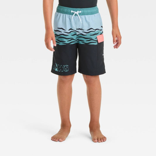 Boys' JAWS Printed Swim Shorts - Black/Turquoise Blue