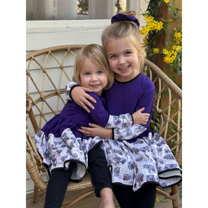 The Pink Picket Fence Lulu Hippo Twirl Dress with Scrunchie for Girls – 100% Cotton Long Sleeve Play Dress – Hand-Painted Hippo Print