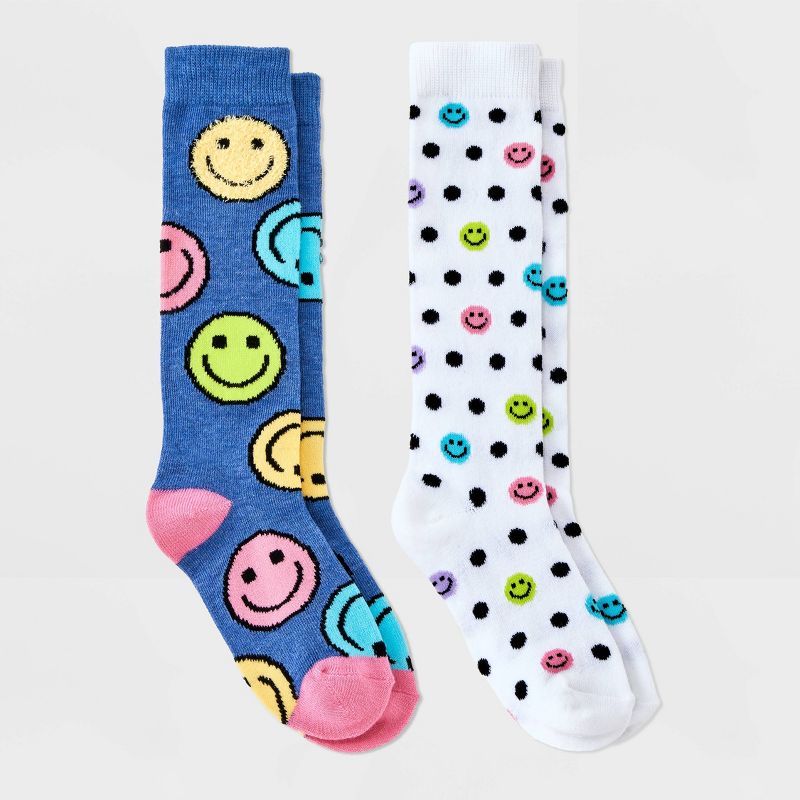 Girls' 2pk 'Smiley' Fashion Knee High Socks - Cat & Jack™ Heather Blue/White