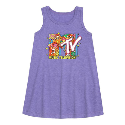 Girls' - MTV - Logo Retro Collage Graphic Sleeveless Aline Dress