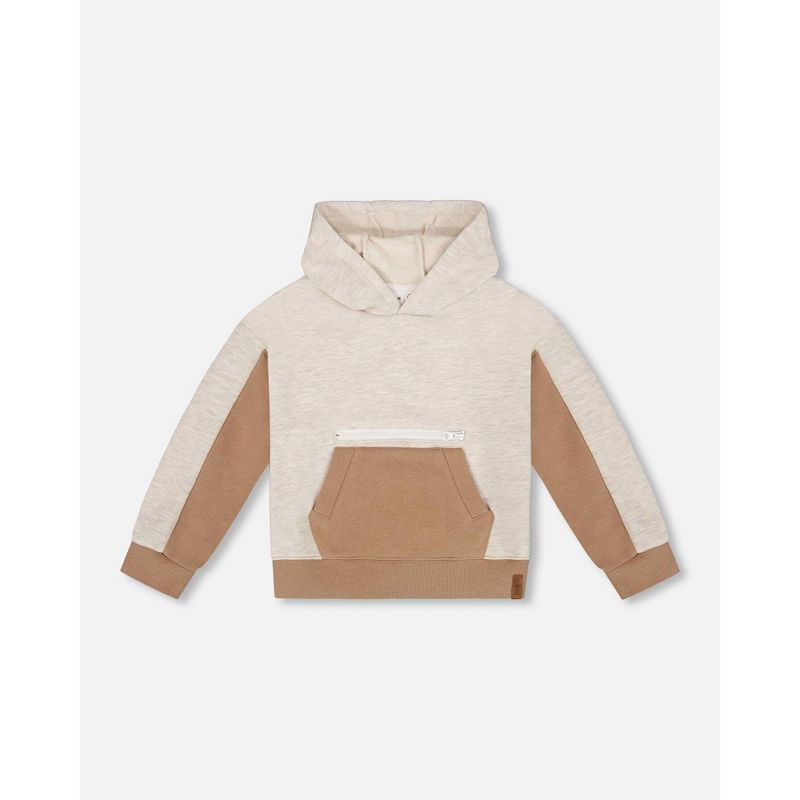 Deux par Deux Boy French Terry Color Block Pullover Hoodie Sweatshirt Beige and Off-White