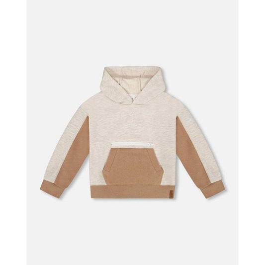 Deux par Deux Boy French Terry Color Block Pullover Hoodie Sweatshirt Beige and Off-White