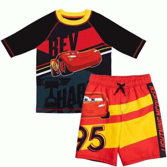 Disney Cars UPF 50+ Pullover Rash Guard and Swim Trunks Outfit Set Little Kid Sizes (2T - 7-8)