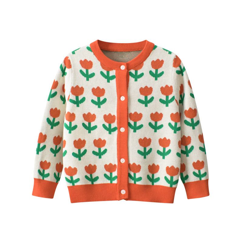 MyKids-USA Baby Girl All Over Floral Pattern Knitted Cardigan In Autumn Outfits
