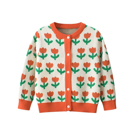 MyKids-USA Baby Girl All Over Floral Pattern Knitted Cardigan In Autumn Outfits