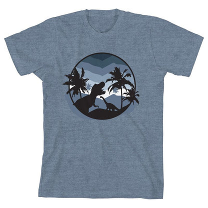 Dinosaur Roaring with Palm Trees Youth Denim Heather Short Sleeve Crew Neck Tee