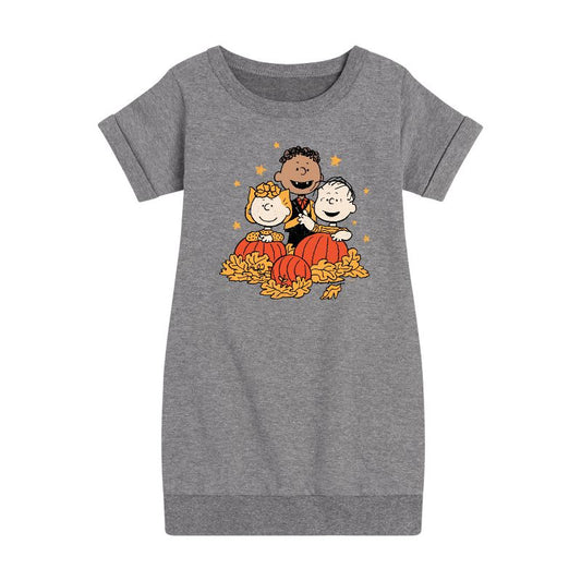 Girls' - Peanuts - Peanuts Pumpkin Trio Graphic Short Sleeve Fleece Dress